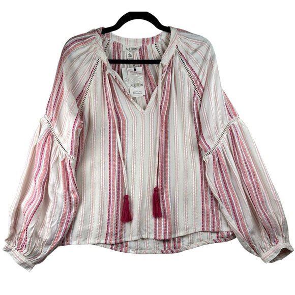 Allison New York Womens Striped Long Bell Sleeve Boho Top Tassels Crochet Artzy - Picture 2 of 16